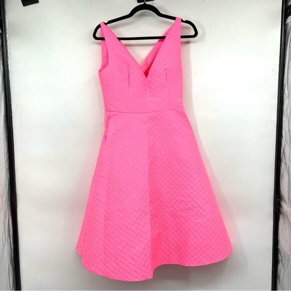 PRADA V-Neck Sleeveless A-Line Textured Dress in Neon Pink - Picture 3 of 7